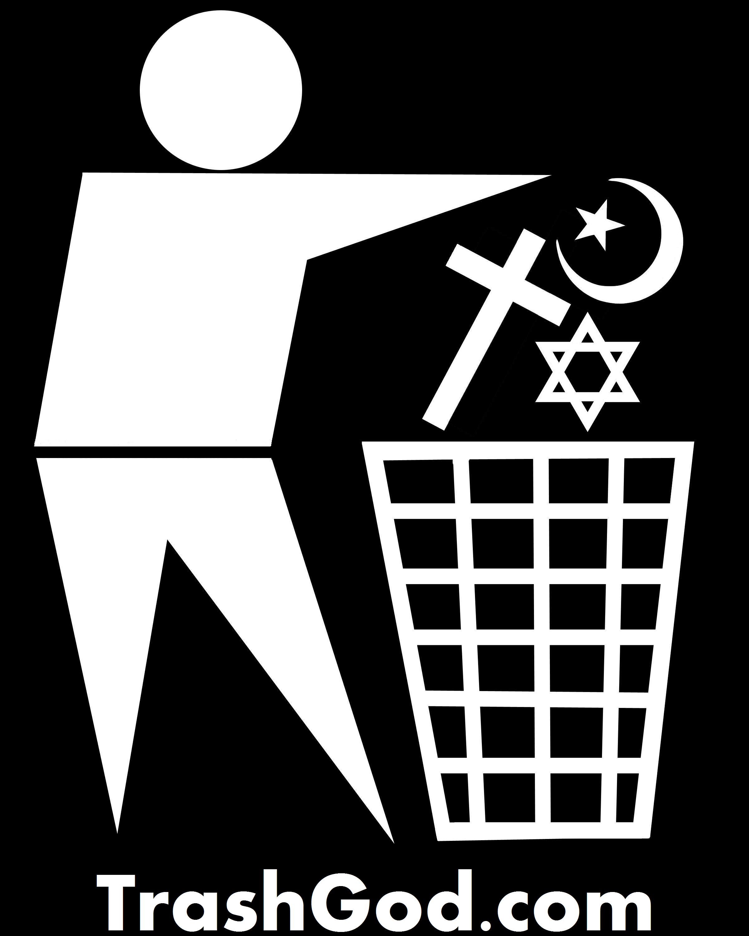 standard waste bin sign with religious symbols being discarded